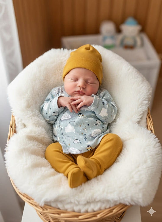 Primera puesta de bebé de punto de algodón Mostaza · Talla 0